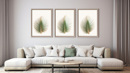 Fototapeta na wymiar modern living room with sofa and leaf frames