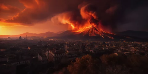 Tuinposter Dramatic Volcanic Eruption Engulfs Italian City. Devastating Lava, Earthquake, and Fiery Sky Convey a Harrowing Scene of Catastrophe in the Era of Climate Change  © Ben