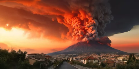 Stickers pour porte Naples Dramatic Volcanic Eruption Engulfs Italian City. Devastating Lava, Earthquake, and Fiery Sky Convey a Harrowing Scene of Catastrophe in the Era of Climate Change 