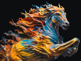 Creative illustration An abstract drawing of a running paint splashed horse isolated on a black background. Colorful artistic painting of a horse in many colors. Generative AI