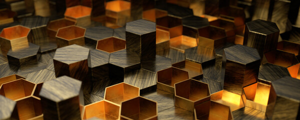 Glowing gold, brown, gray and black hexagonal 3d wall texture. Abstract, futuristic, luxurious...