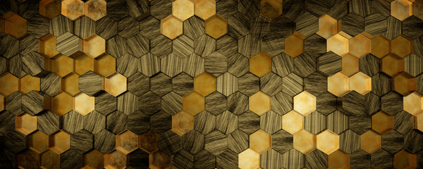 Abstract, futuristic, luxurious hexagon background. Banner background. Glowing gold, brown, gray and black hexagonal 3d wall texture. 3d render