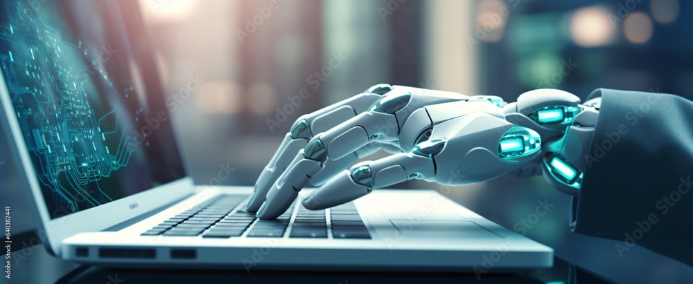 Poster a robot is touching a laptop keyboard.