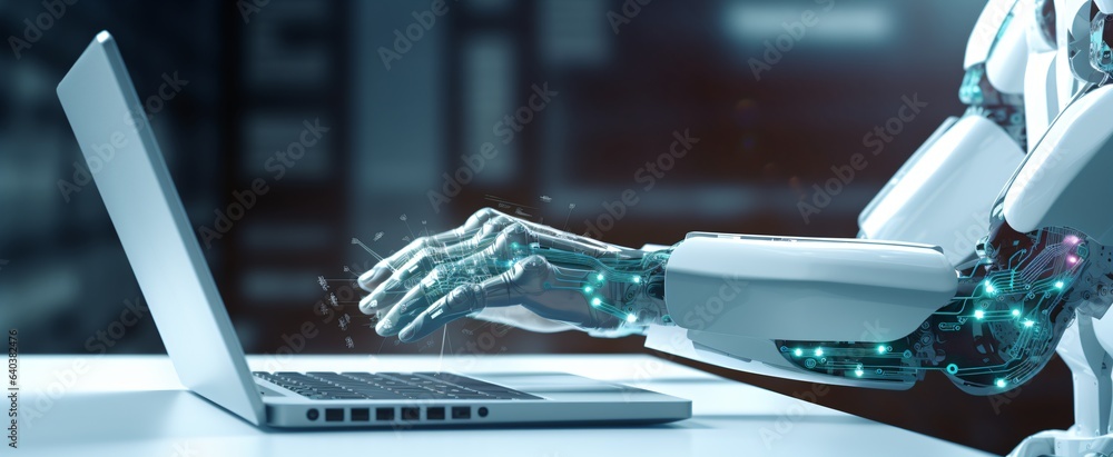 Poster a robot is touching a laptop keyboard.