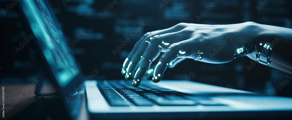 Poster a robot is touching a laptop keyboard.