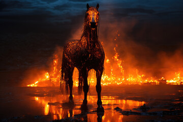 Mystical black horse in the fire