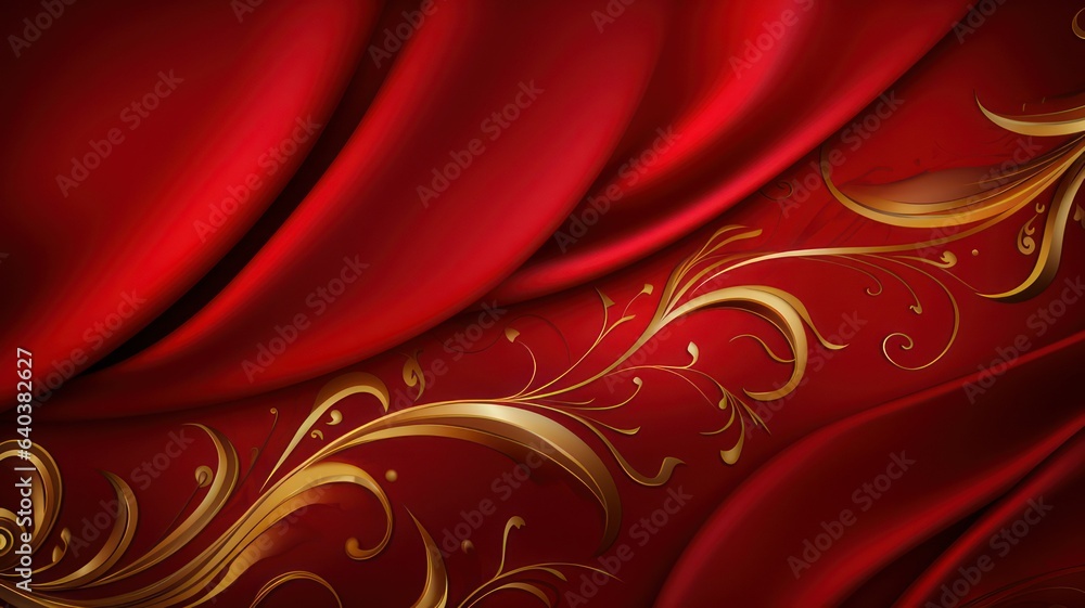 Poster red satin background with golden ornaments created with generative ai
