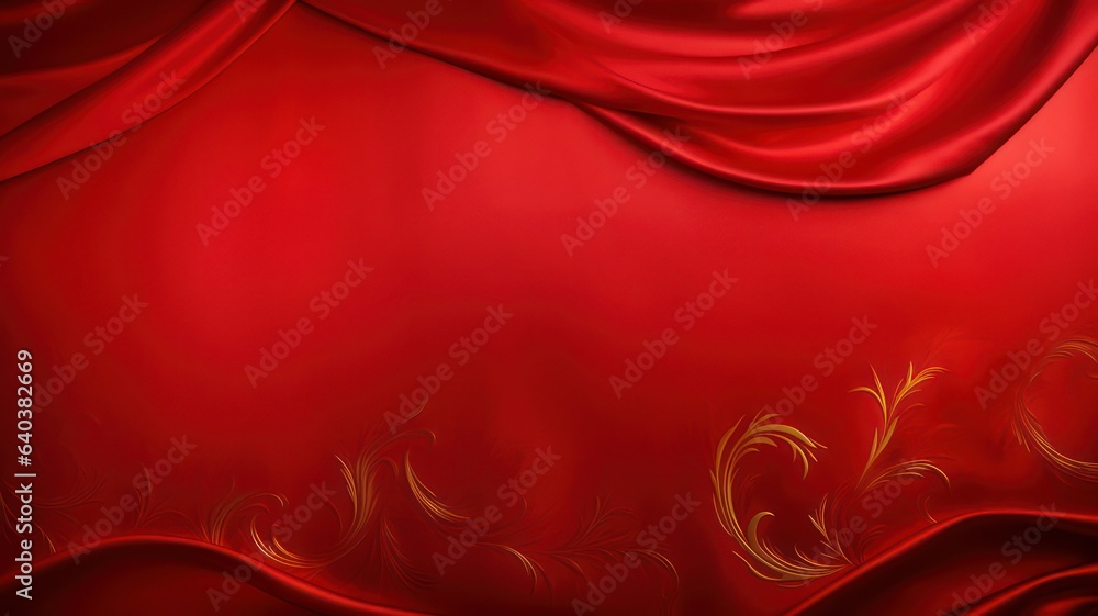 Poster Red satin background with golden ornaments created with Generative AI