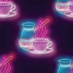 Seamless pattern with glow Decorated Cezve with Cup of Coffee. Coffee House Label, Traditional Drink. Neon Light Texture, Signboard. Glossy Background. Vector 3d Illustration