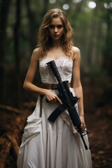 Fototapeta na wymiar Beautiful blonde woman in the white dress with a rifle