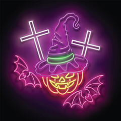 Fototapeta premium Glow Halloween Greeting Card with Witch Pumpkin, Crosses and Bats. Postcard Holiday Template. Shiny Neon Light Poster, Banner, Invitation. Glossy Background. Vector 3d Illustration