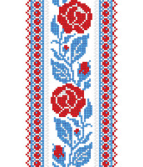 Realistic Cross-Stitch Embroideried Seamless Border with Roses. Ethnic Floral Motif, Handmade Stylization. Traditional Ukrainian Red and Blue Embroidery. Ethnic Design. Vector 3d Illustration