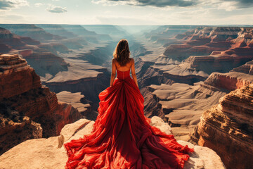 Woman in the red dress on the edge of grand canyon
