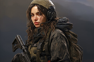 Beautiful woman as a soldier with a riffle illustration