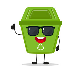 Cute happy trash bin character wear sunglasses. Funny dustbin greet friend cartoon emoticon in flat style. wastebin emoji vector illustration