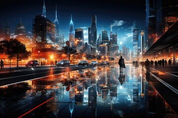 Fototapeta na wymiar Night urban scenario comes to life with vibrant elements of digital marketing., generative IA