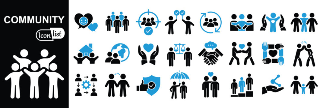 Community icon set. Containing people, friendship, social, diversity, village, relationships, support and community development icons. Solid icon collection
