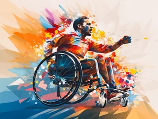 Foto op Aluminium Silhouette of a disabled man in a wheelchair practicing sports. Colored illustration of a person in a wheelchair. Paralympic games paris 2024. Generative AI © Daniel