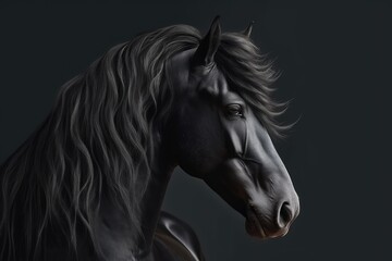 Obraz na płótnie Canvas Portrait of black stallion Horse with long mane.
