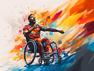 Fototapeta na wymiar Silhouette of a disabled man in a wheelchair practicing sports. Colored illustration of a person in a wheelchair. Paralympic games paris 2024. Generative AI