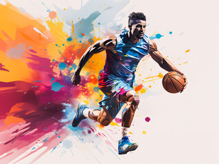 Basketball player running with the ball. Colorful illustration. Silhouette of a running athlete. Olympic Games Paris 2024. Generative AI - obrazy, fototapety, plakaty