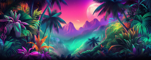jungle landscape glowing neon at night, made with Generative AI