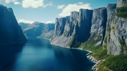 Panoramic View of a majestic Fjord with steep Cliffs and deep blue Water