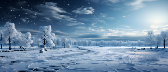 Fototapeta na wymiar Snow-covered field with snowflakes falling, styled in tones of light silver and light navy