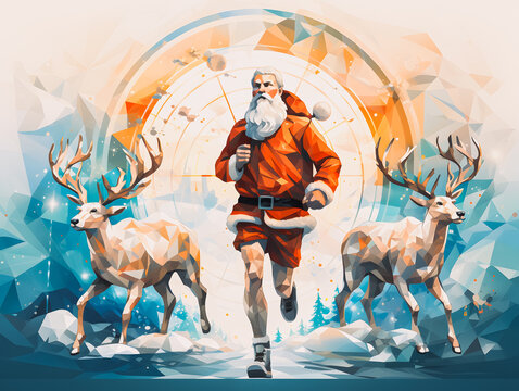 Running modern Santa Claus, with geometric reindeers in the background. Christmas shopping time. Generative AI