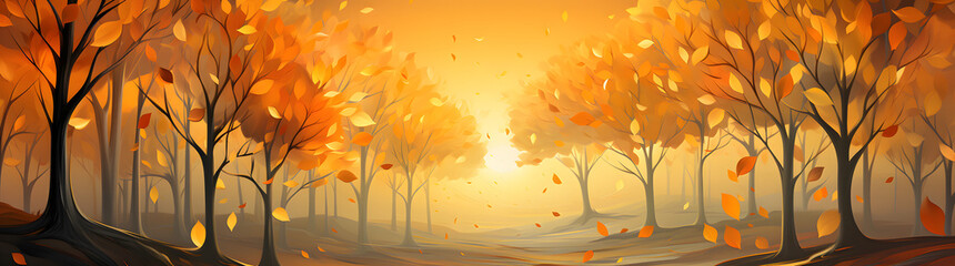 Sunset illuminates an autumn forest with leaves flying in the gentle breeze