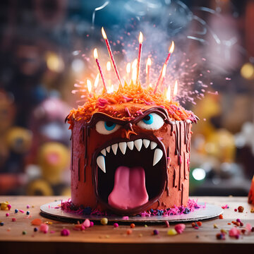 Angry birthday cake face with sparkling candles
