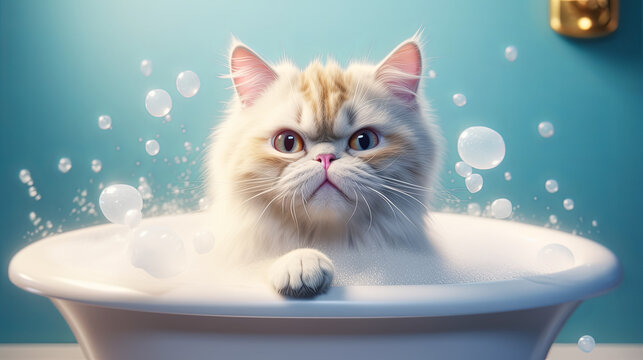 Beautiful breed cat in luxury bath. Grooming concept. Free Space