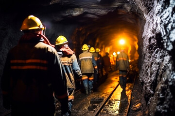 group mining workers walks through tunnel coal mine - 640387416