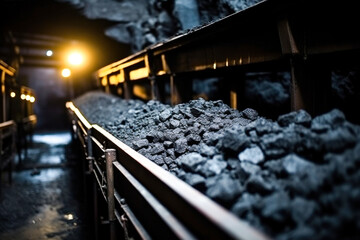 underground mining, conveyor in coal mine transports stone coal from subterranean depths - 640387485