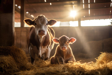 A cow with a small calf is standing in a cowshed, looking ahead,