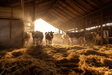 cowshed, several animals, cowshed illuminated by the morning sun, lots of clean hay, agriculture