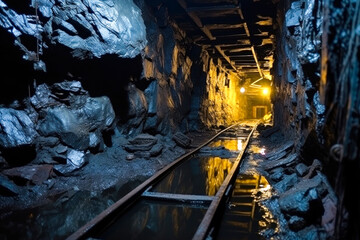 Coal mine tunnel features transport rails