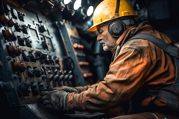 Photo of a diligent worker in a hard hat operating a machine in a controlled environment