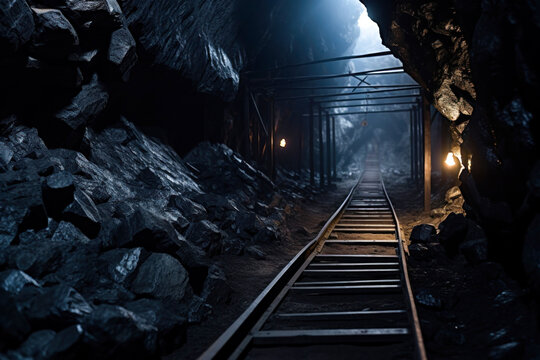 Rails for coal transport inside mine tunnel depict the essence of subterranean coal mining