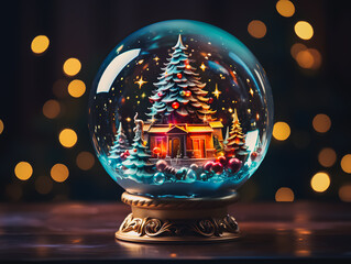 Fototapeta na wymiar A beautiful snow globe with a snowy landscape and a Christmas tree on the background of a Christmas-themed space. Christmas decorations, a small house and a Christmas tree under a glass ball with snow