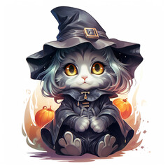 Lush detailed vector illustration of Halloween celebration of cute grey cat dressed as a witch in t-shirt design. Halloween t-shirt designs that capture the essence of the festive spirit.