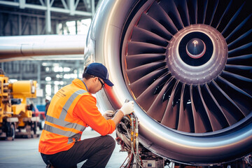 an aircraft technician is repairing a turbine, an engineer is wearing an orange signal vest - 640388259