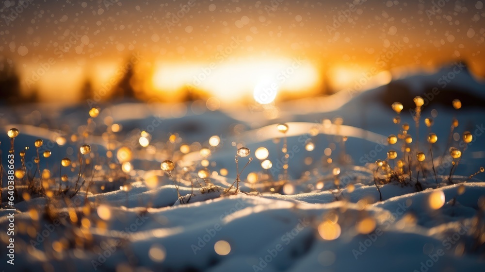 Poster the sun is setting over a field of snow. generative ai.