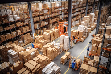 Photo of a spacious warehouse filled with neatly stacked boxes - 640388696