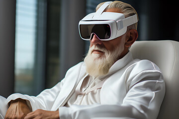 old man in VR glasses smiles, plunging into memories, future technology for older people