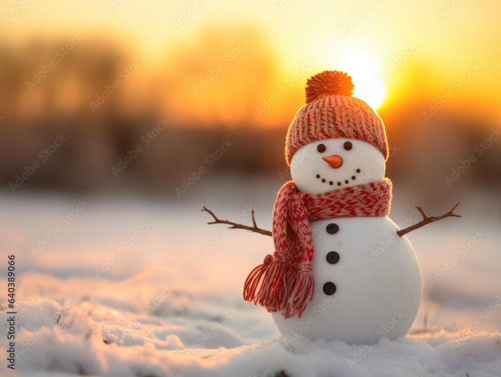 Poster a snowman with a red hat and scarf in the snow. generative ai.