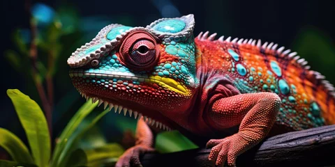 Selbstklebende Fototapeten A cute red chameleon with blue spots sits on a branch. Generative AI © 22_monkeyzzz