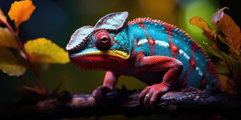 A cute blue chameleon with spots sits on a branch, close-up. Generative AI