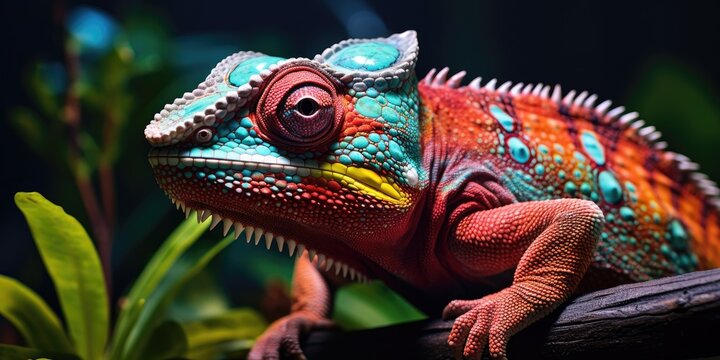 A cute red chameleon with blue spots sits on a branch. Generative AI
