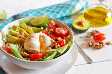 Avocado and poached egg quinoa bowl 

